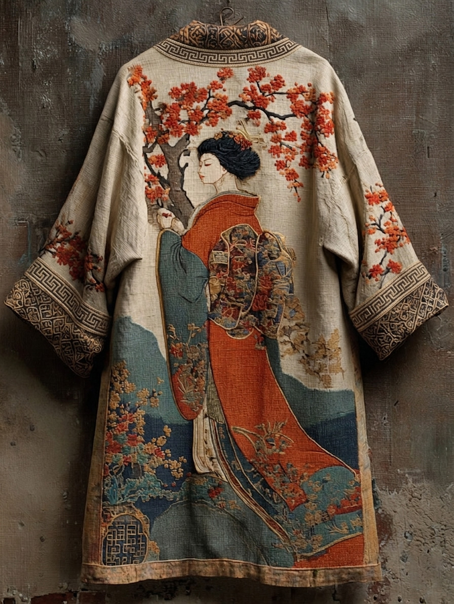 Vintage Elegant Japanese Geisha With Cherry Blossom Art Linen-blend Long Kimono elevenforest