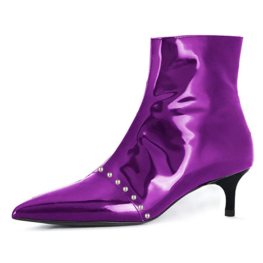 Patent Leather Studded Pointed Toe Kitten Heeled Booties in Purple