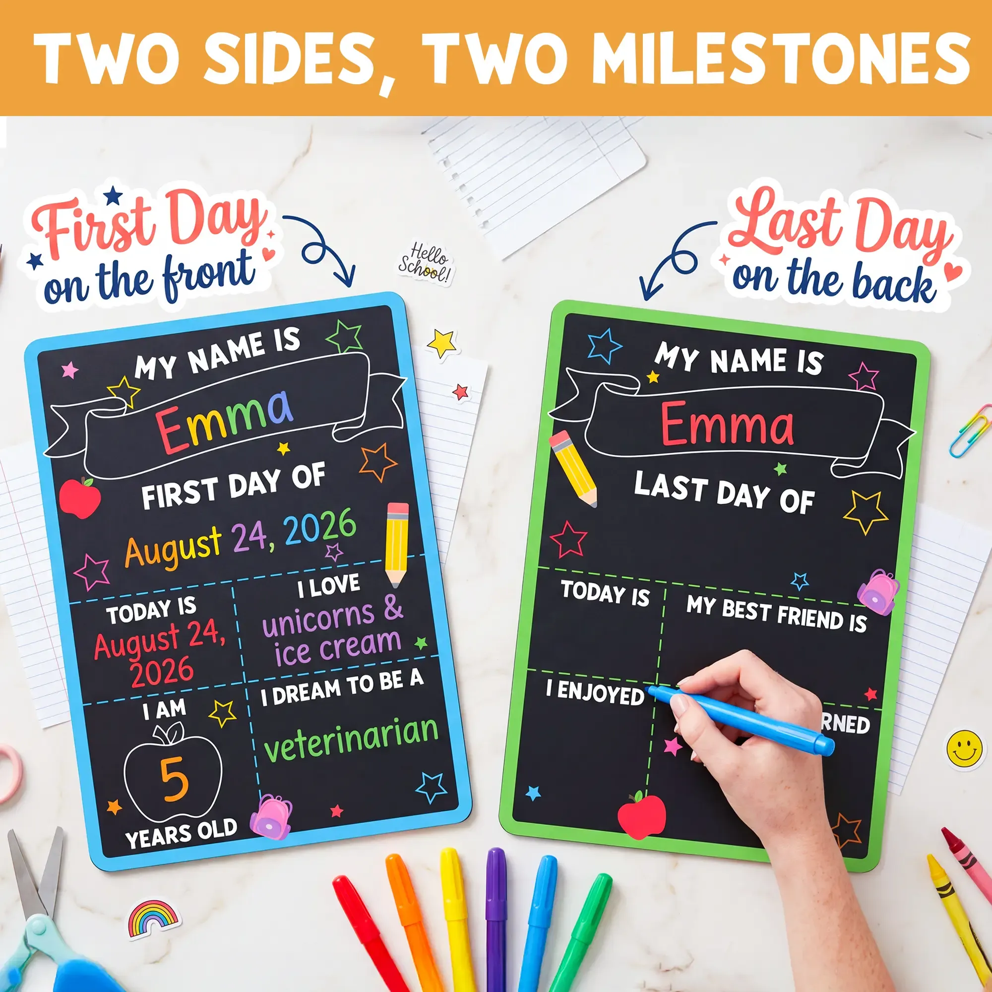 BEAWART First Day of School Black Sign Board, 10x14 Double-Sided First & Last Day Chalkboard Sign, Reusable Back to School Photo Prop For Preschool Kindergarten Kids, Includes Pencil Flag & White Chalk Marker