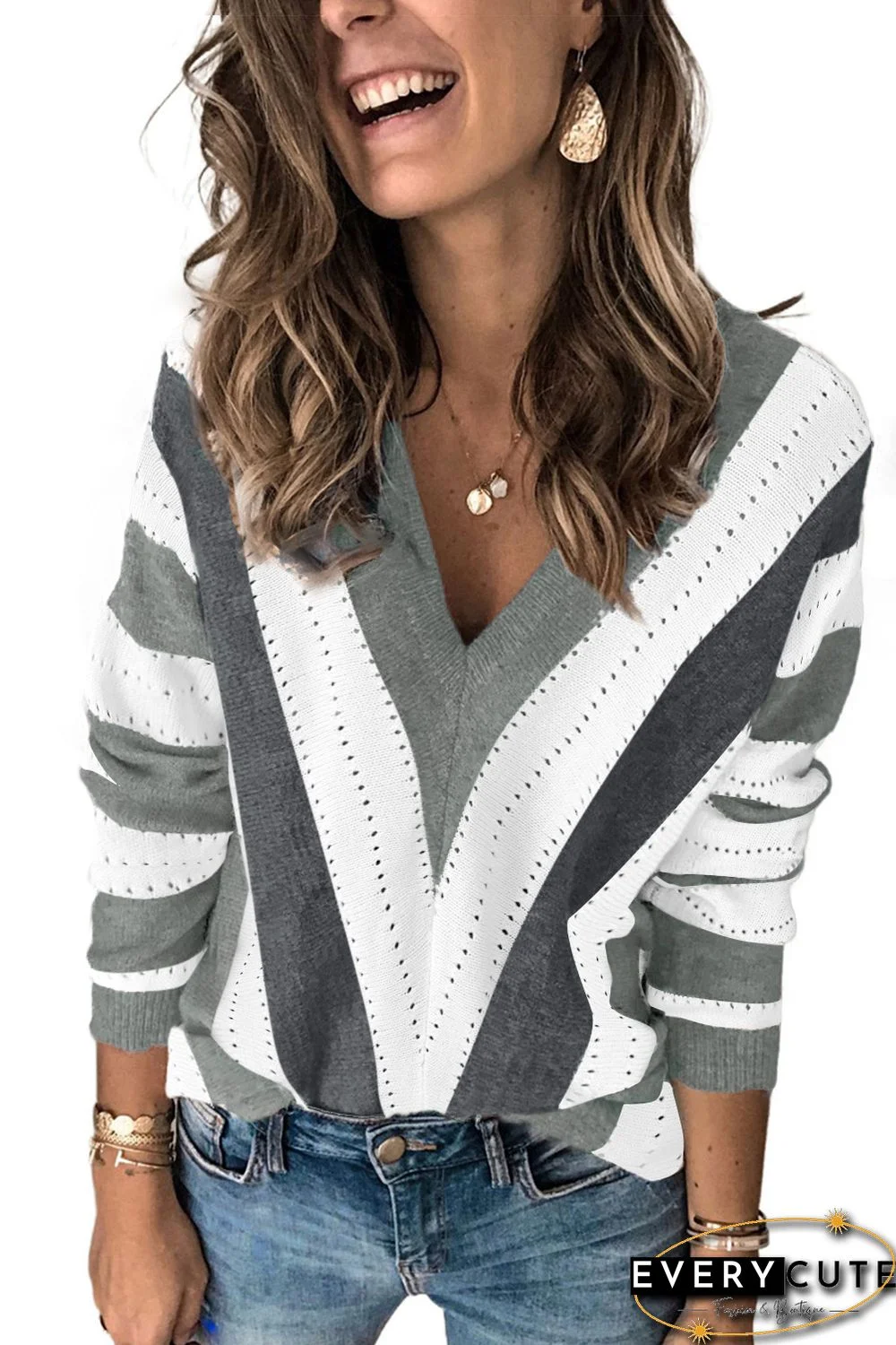 Gray Striped Colorblock V Neck Knitted Sweater