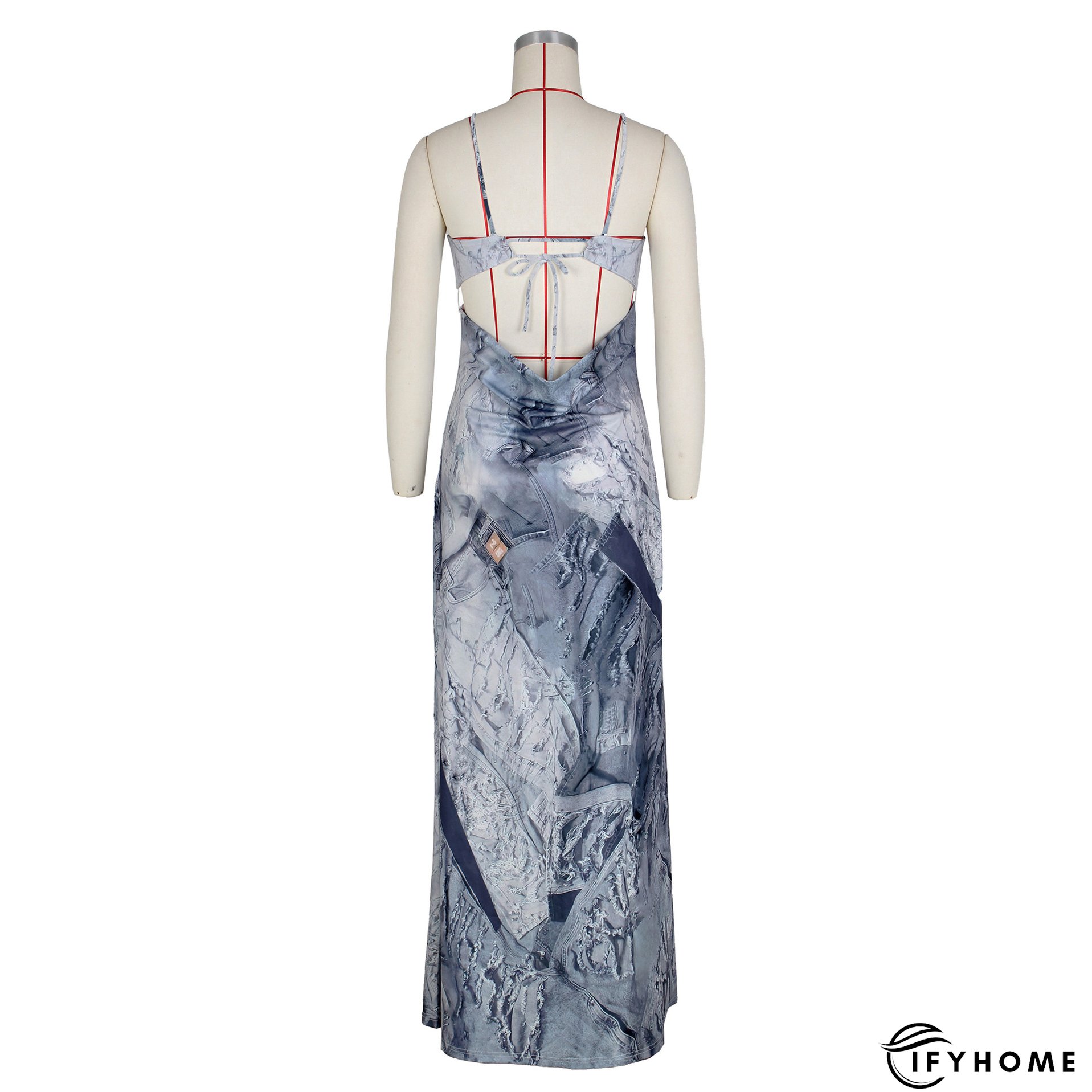 Sexy Ladies Denim Print Pin Embellished Backless Slip Maxi Dress | IFYHOME