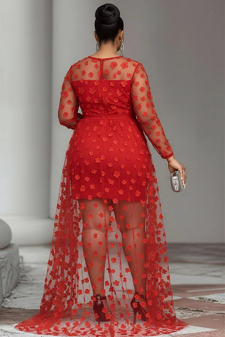 Xpluswear Design Plus Size Party Black Round Neck Long Sleeve High Low Hem Elegant See Through Tulle Mini Dresses [Pre-Order]