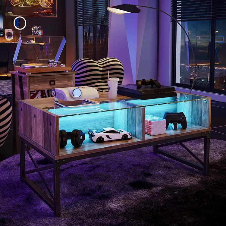 Bestier Coffee Table with LED Lights and Glass Shelf, Weathered Rustic Oak