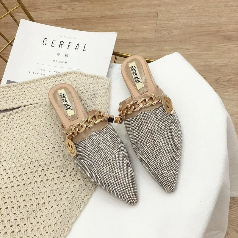 Comemore Slippers Female 2022 Metal Chain Rhinestone Shiny Bling Flat Sandals Slip-on Evening Party Slides Shoes Silver Pumps 43
