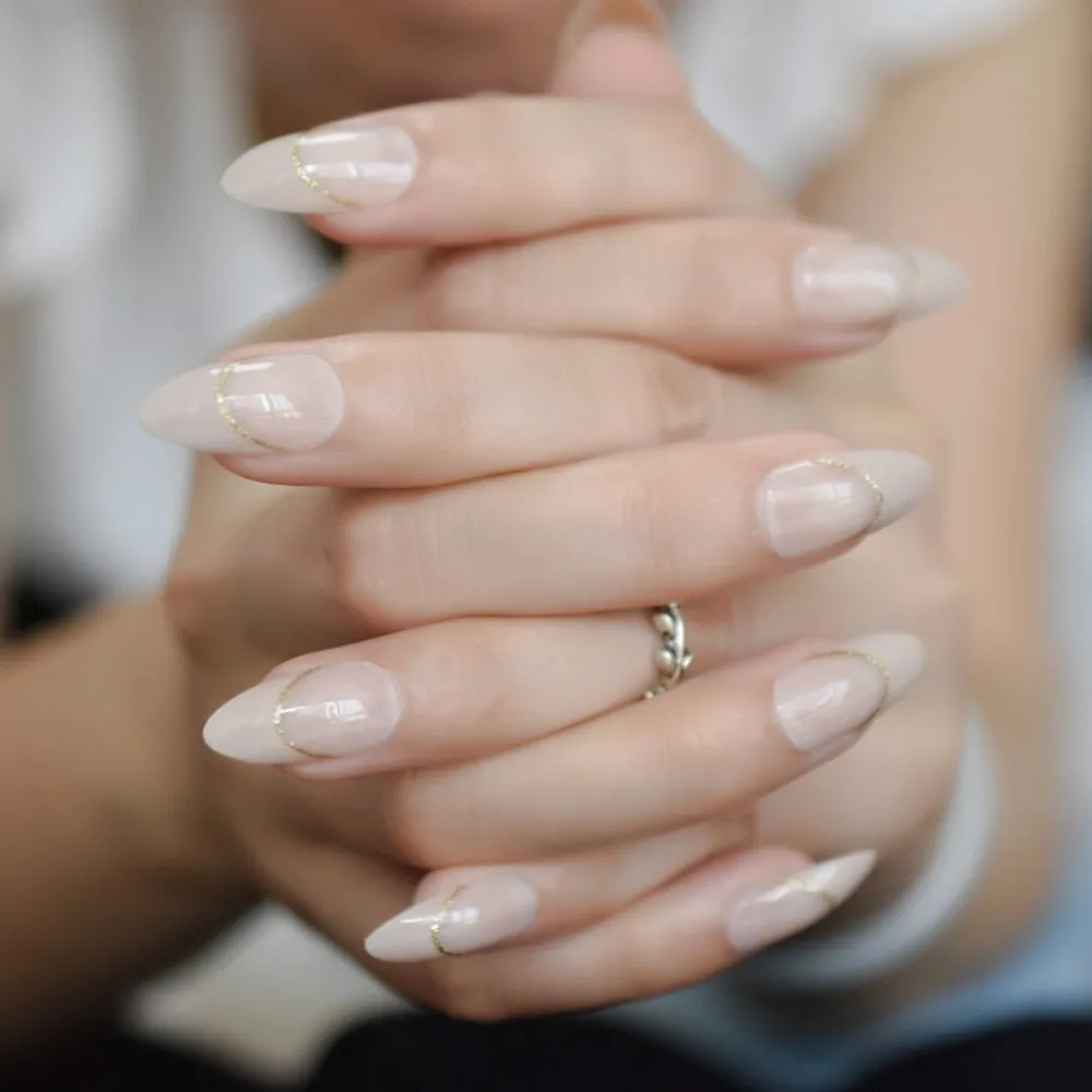 Elegance Beige False Nails Natural Medium Stiletto French Fingernails Gold Smile Line Designed Manicure Tips-Nail Inspo