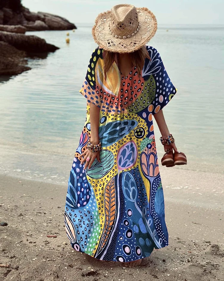 Women's V-neck Undersea Art Print Beach Dress socialshop