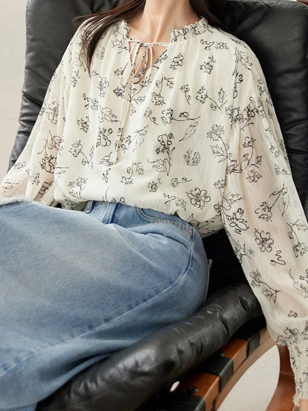 Athvotar Athvotar Elegant Wood-Eared Chiffon Shirt Women's New High-End Print Thin Comfortable Tops In Spring 2025