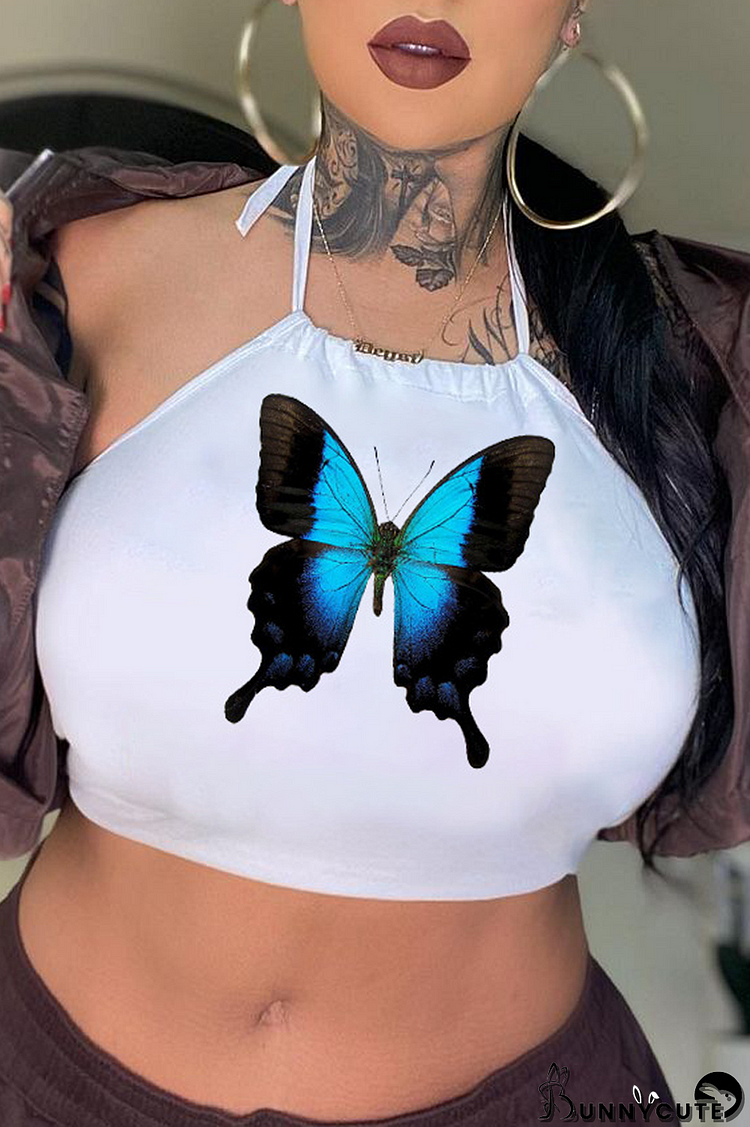 White Sexy Butterfly Print Split Joint Halter Tops