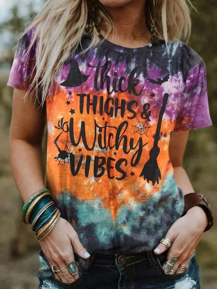 Thick Thighs & Witchy Vibes Printed Halloween T-Shirt