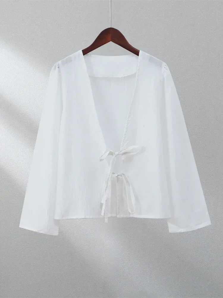 Uveng Women V Neck Solid Green Lace Up Shirt Fashion Long Sleeves Loose Cropped Top Chic Lady Street Blouse Vacation Tops