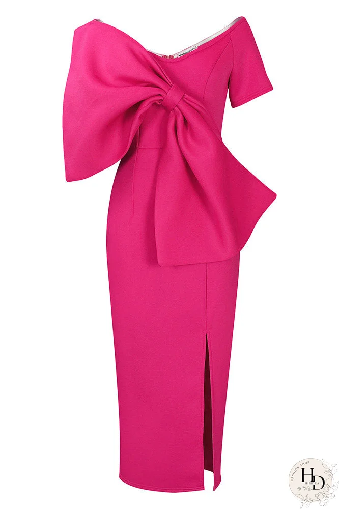 Vestido de fiesta formal fucsia inspirado en celebridades con lazo