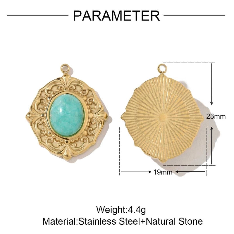 3 PCS/Package 18*19mm 201 Stainless Steel Natural Stone 18K Gold Plated Square Rhombus Polished Jewelry Accessories Pendant