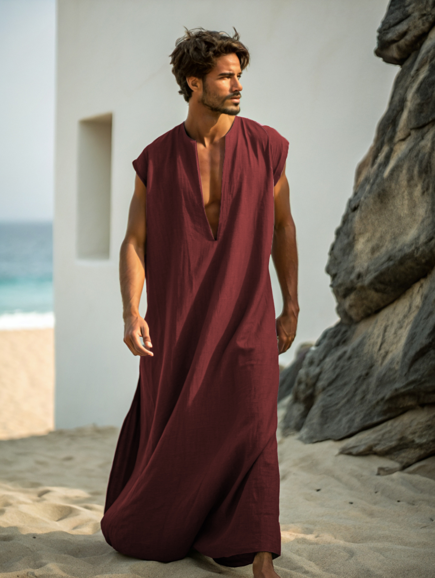 Men's Red Color V-neck Linen Long Kaftan