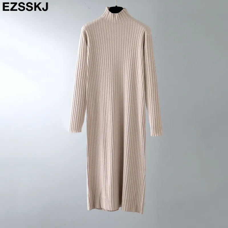 2021 autumn winter thick straight maxi sweater dress women high neck long sweater dress elegant female loose  sexy knit dress