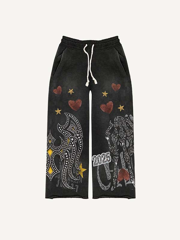 Skull Palm&Cross&Wing Faux Rhinestones Print Elastic Waist Pants