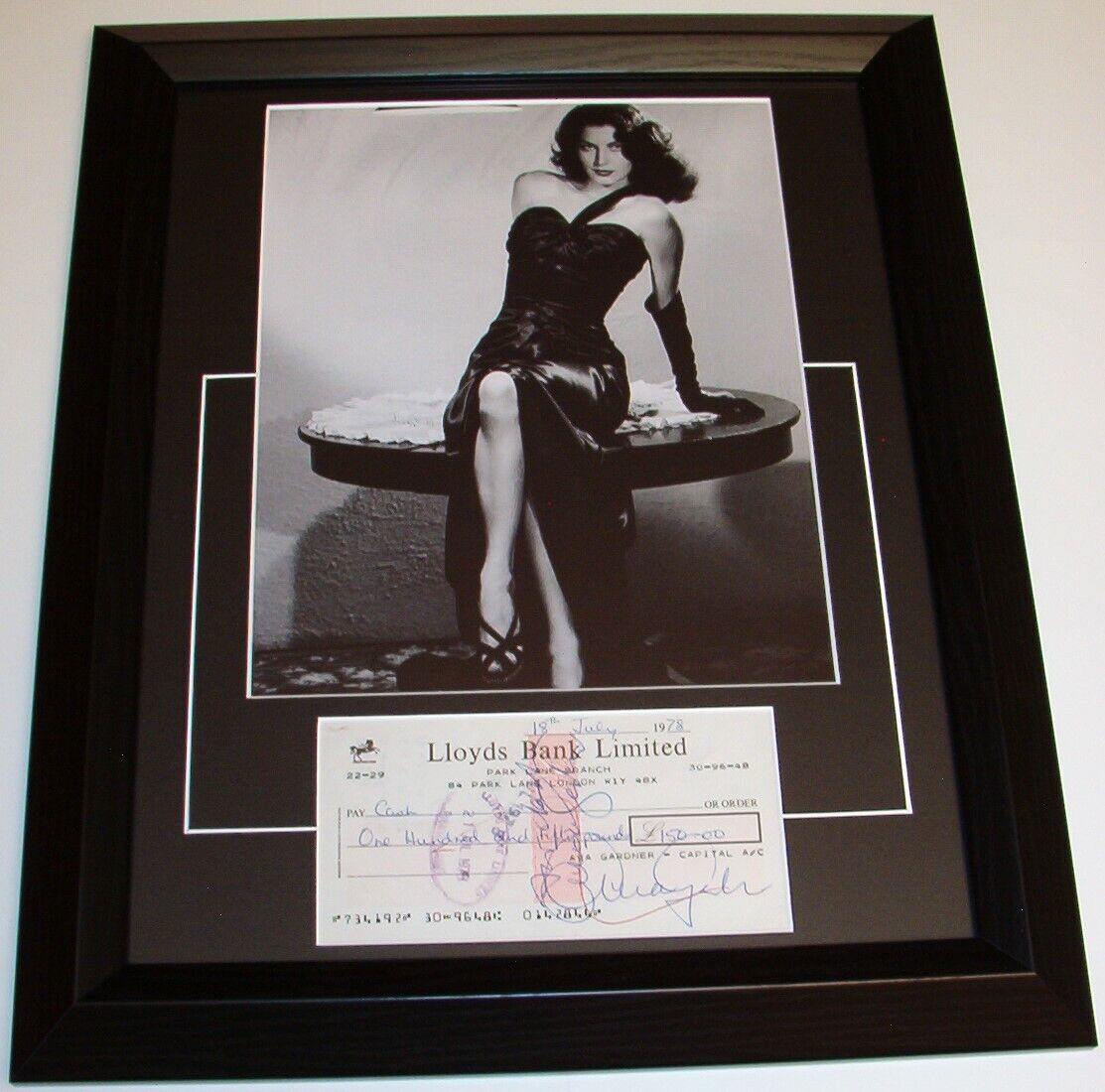 Ava Gardner Autographed Signed Bank Check Framed Certificate of Authenticity CoA