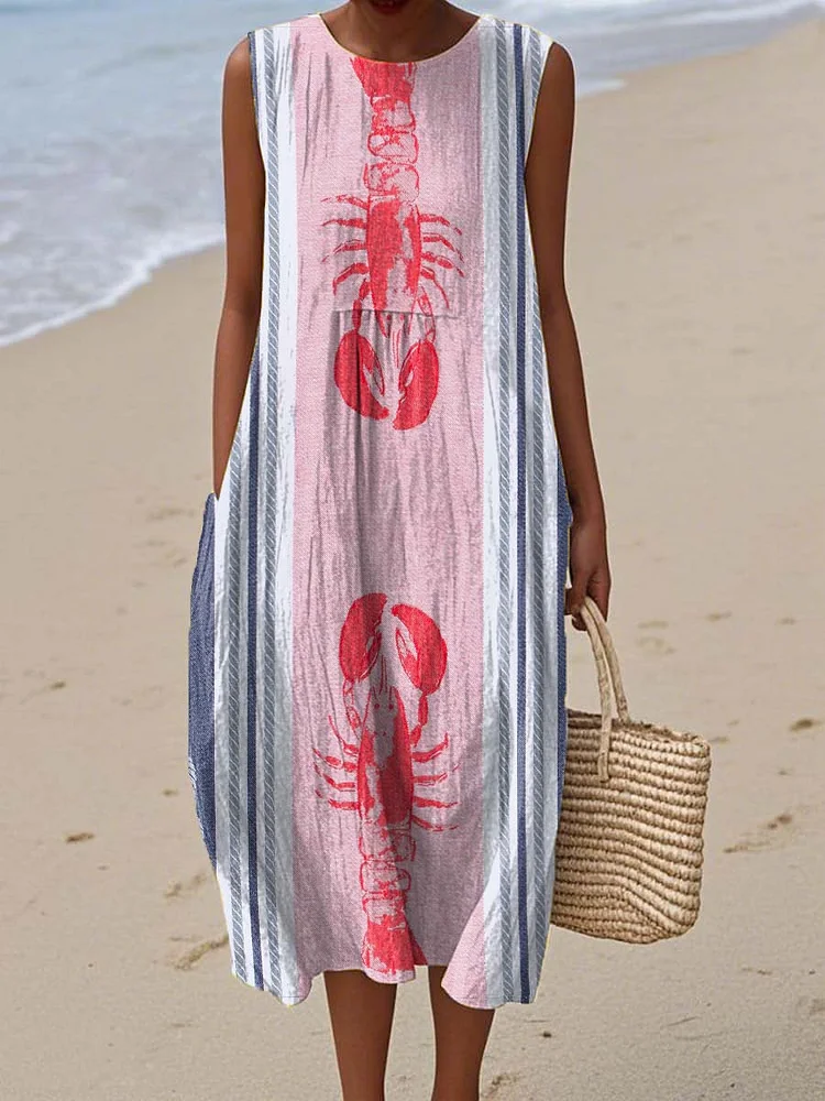 Women's Lovely Lobster Art Print Sleeveless Cotton Pocket Wrap Dress
