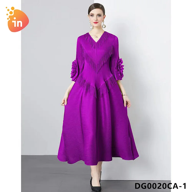 2024 Spring New Fashion V-neck Fringe Spliced Geometric Pleated Women's Dress-DG0020CA