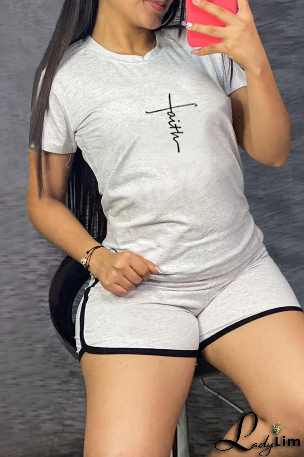 Tangerine Red Casual Print Patchwork O Neck Short Sleeve Two Pieces