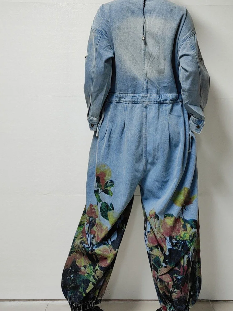 Women's Plus Size Floral Printed Casual Retro Cropped Workwear Denim Overalls Jumpsuit