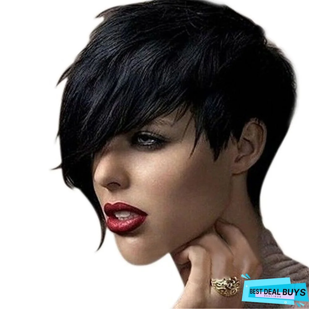 High Temperature Silk Black Oblique Bangs Short Straight Hair Wig Female