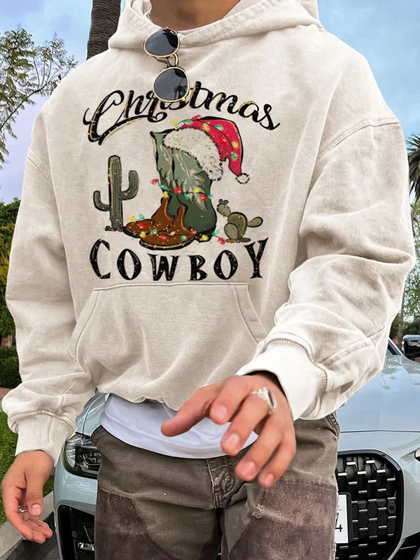 Men's Christmas Cowboy Cactus Print Casual Pocket Hoodie
