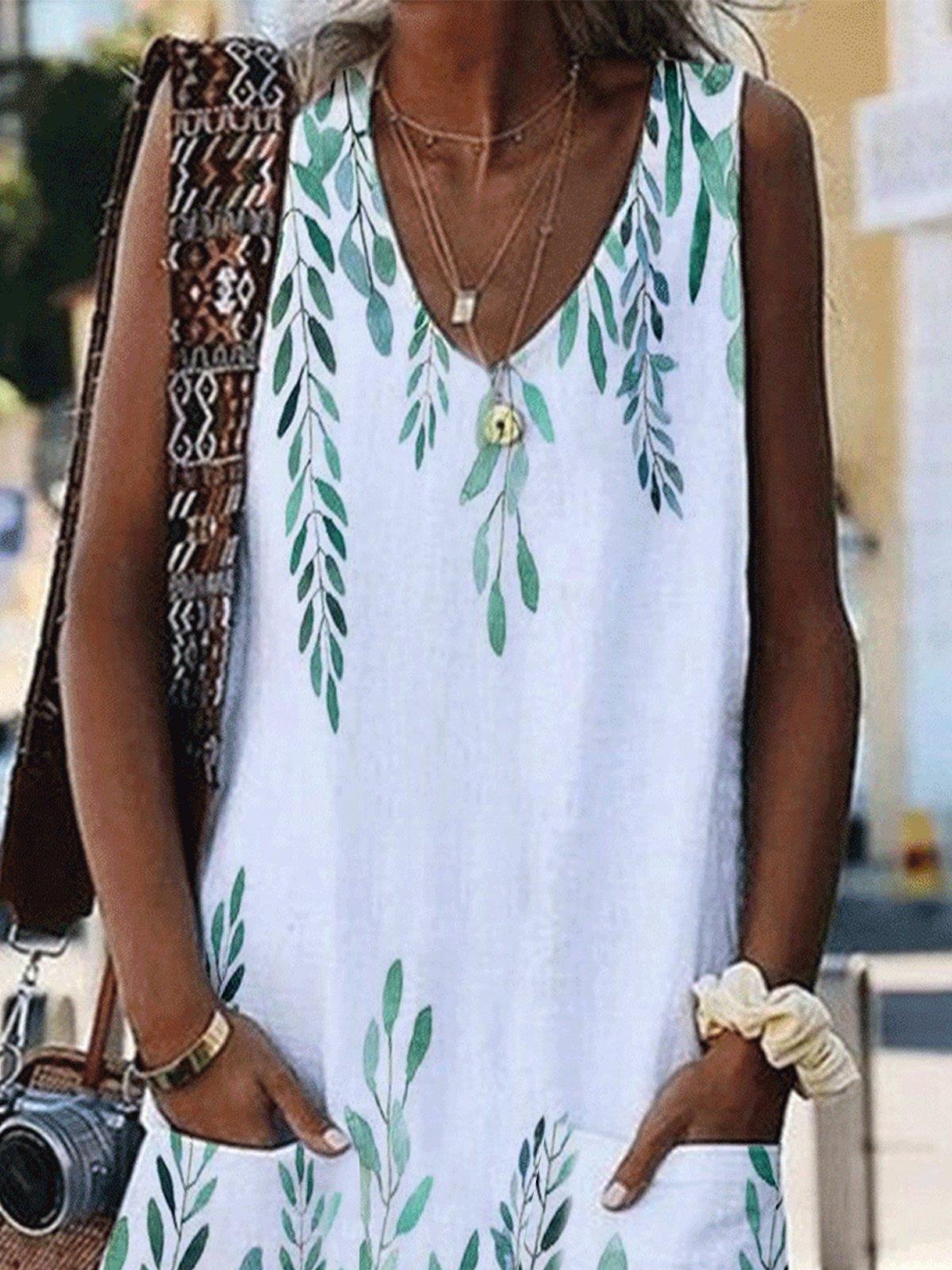 Mature Women Summer Leaf Print Pocket Loose Casual Dress