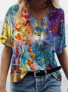 Floral Art Print Tie Dye V-Neck T-Shirt