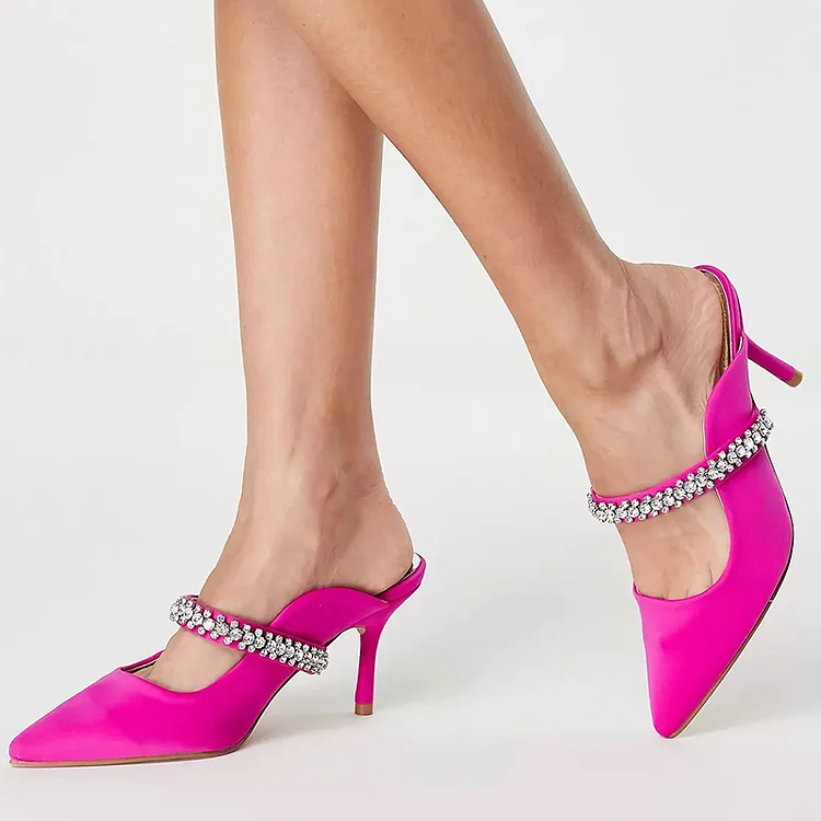 Hot Pink Pointed Toe Kitten Heels Rhinestones Party Mules Shoes |FSJ Shoes