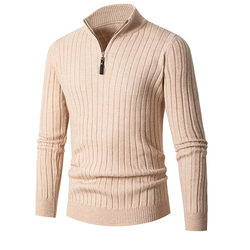 Men's long-sleeved vertical stripe half turtleneck zipper sweater