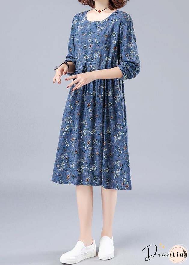 French O Neck Drawstring Spring Dresses Wardrobes Blue Print Dress