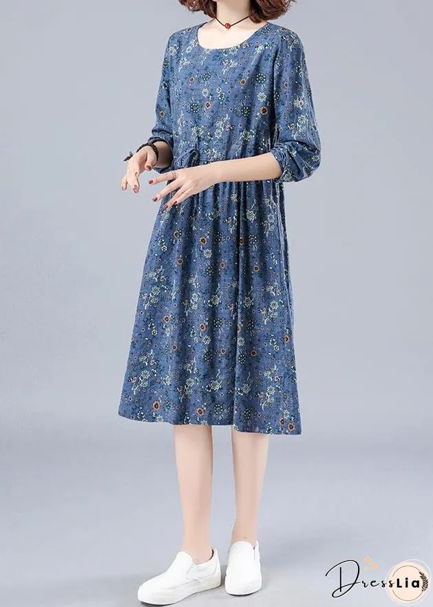 French O Neck Drawstring Spring Dresses Wardrobes Blue Print Dress