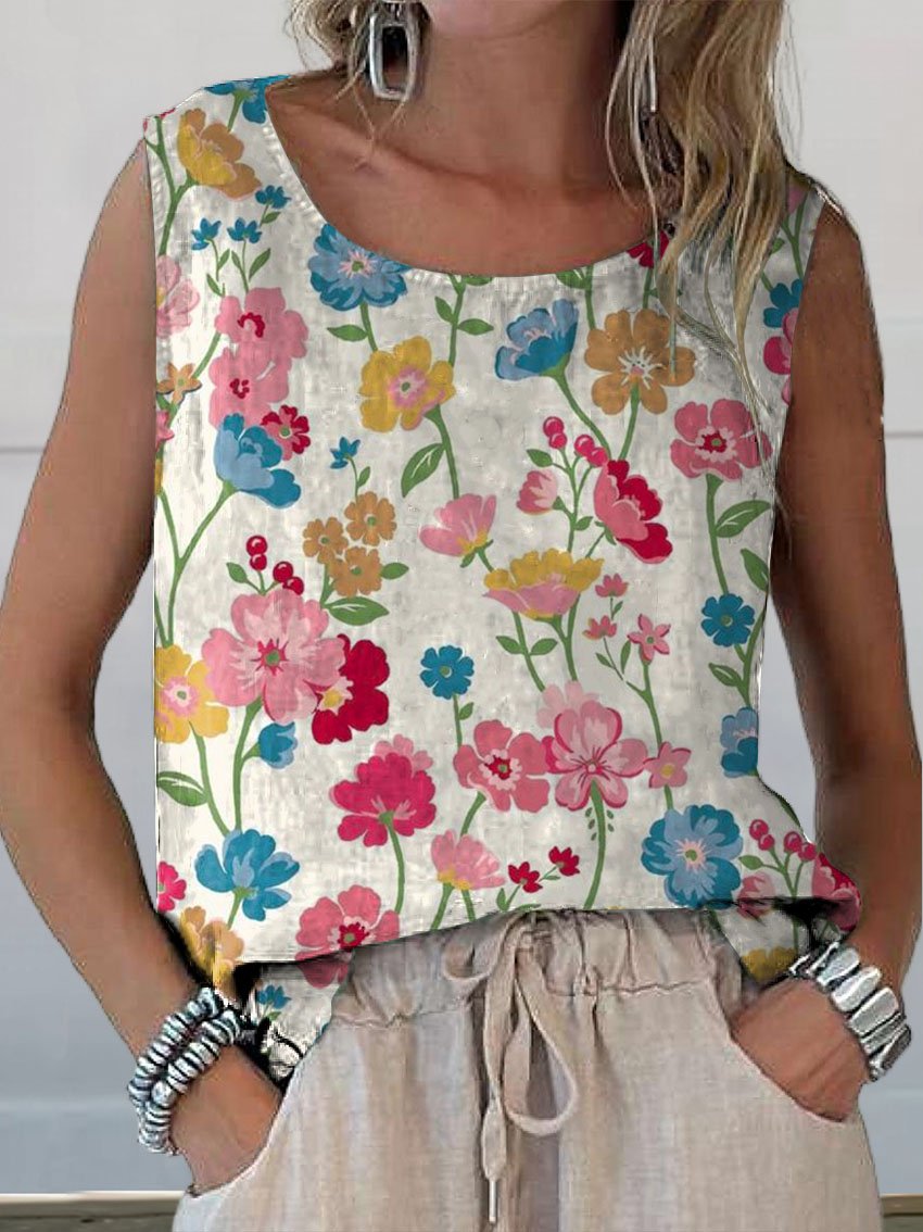 Women's Vintage Elegant Floral Art Print Casual  Cotton And Linen Tank Top