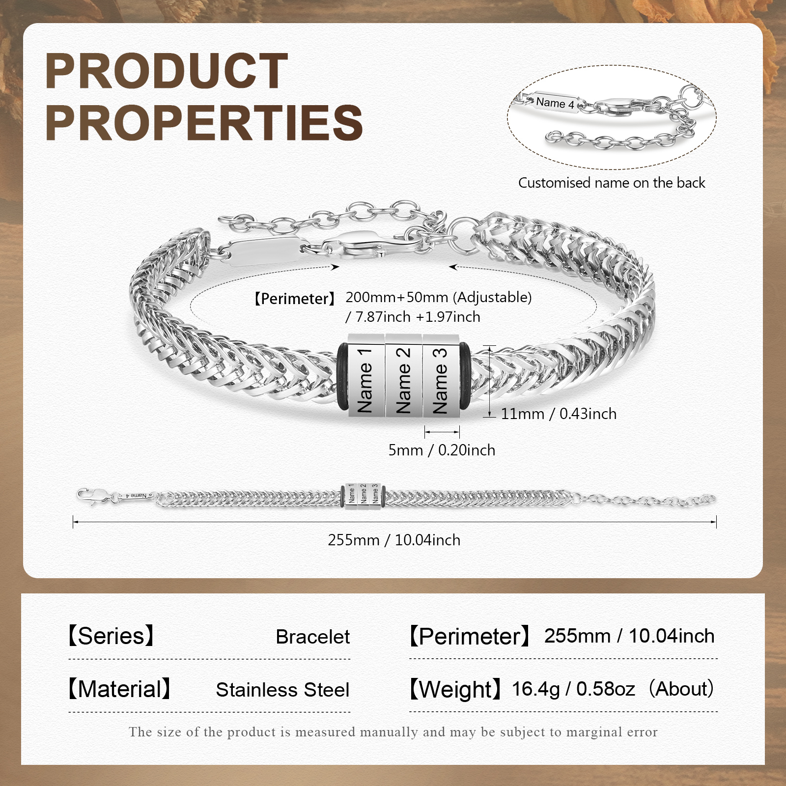Braccialetto acciaio inox personalizzato con 4 nomi per uomo