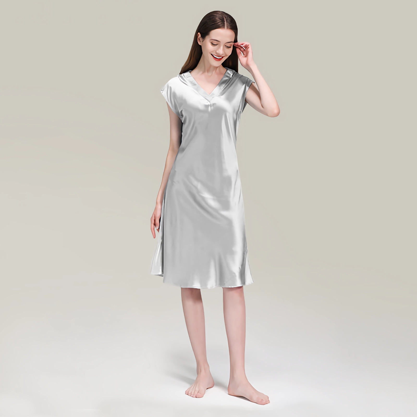 22 Momme Midi V Neck Silk Nightgown With Cap Sleeves REAL SILK LIFE