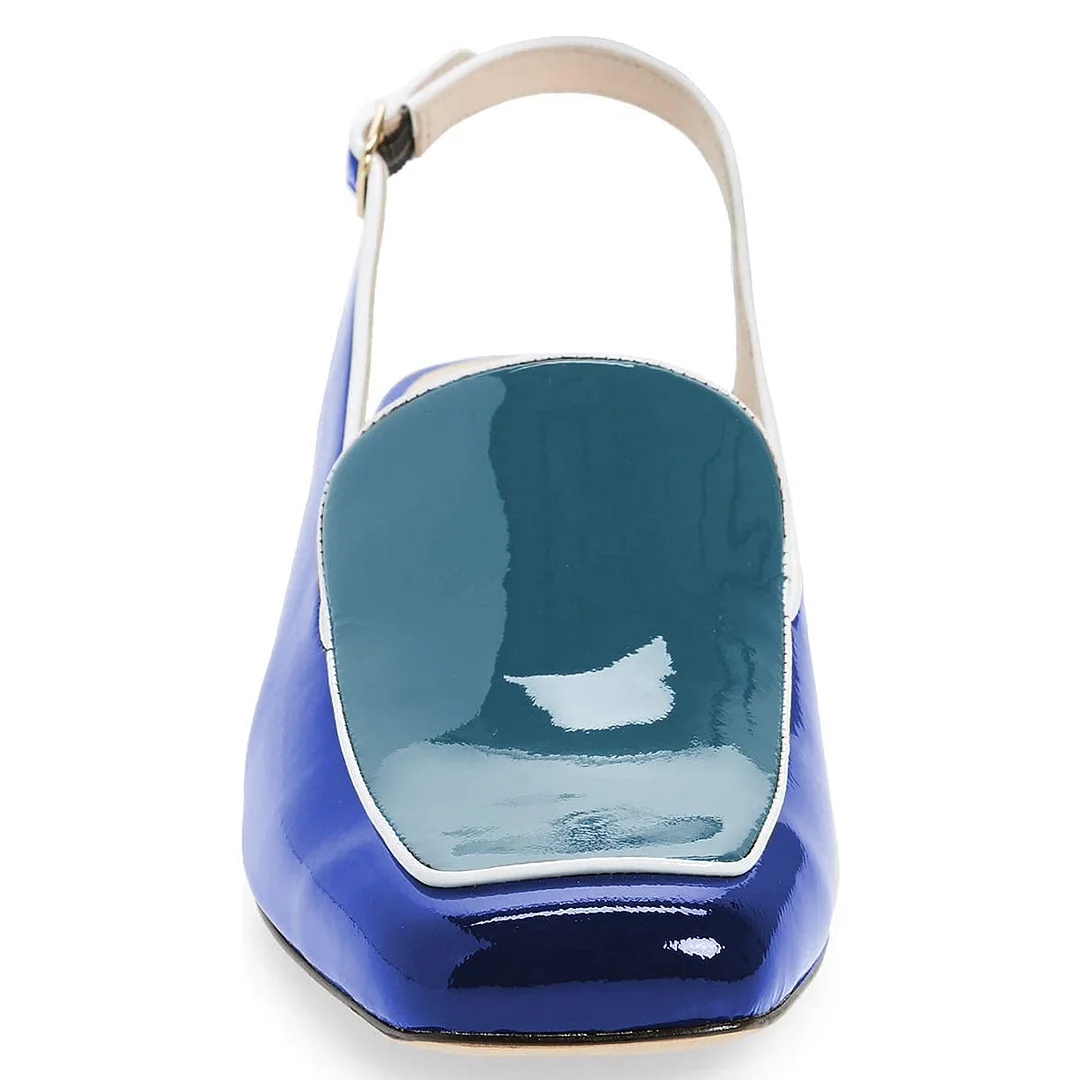 Blue Patent Leather Square-Toe Slingback Loafers with Chunky Heels