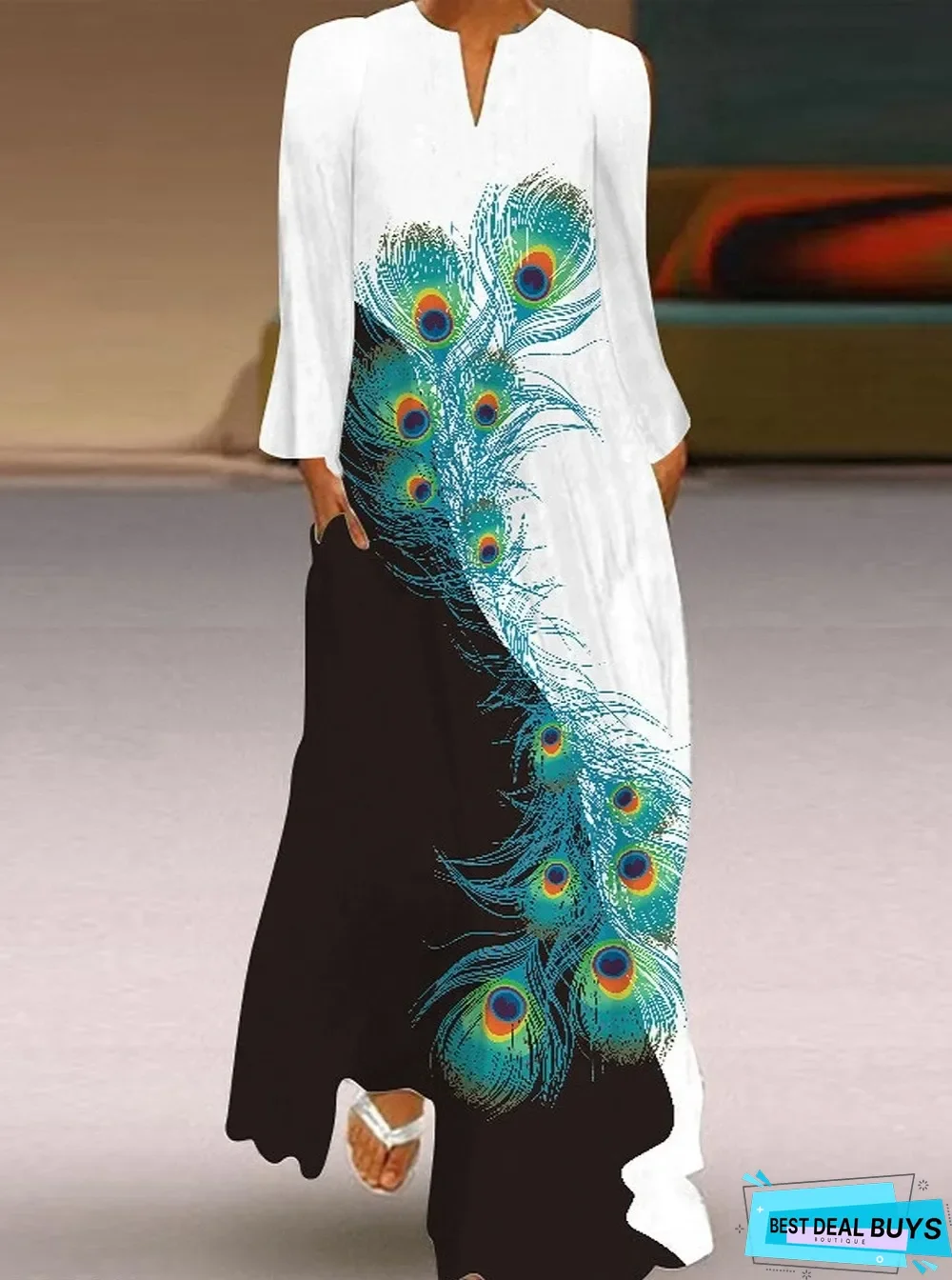 Butterfly Print V-Neck Long Sleeve Dress White Dresses