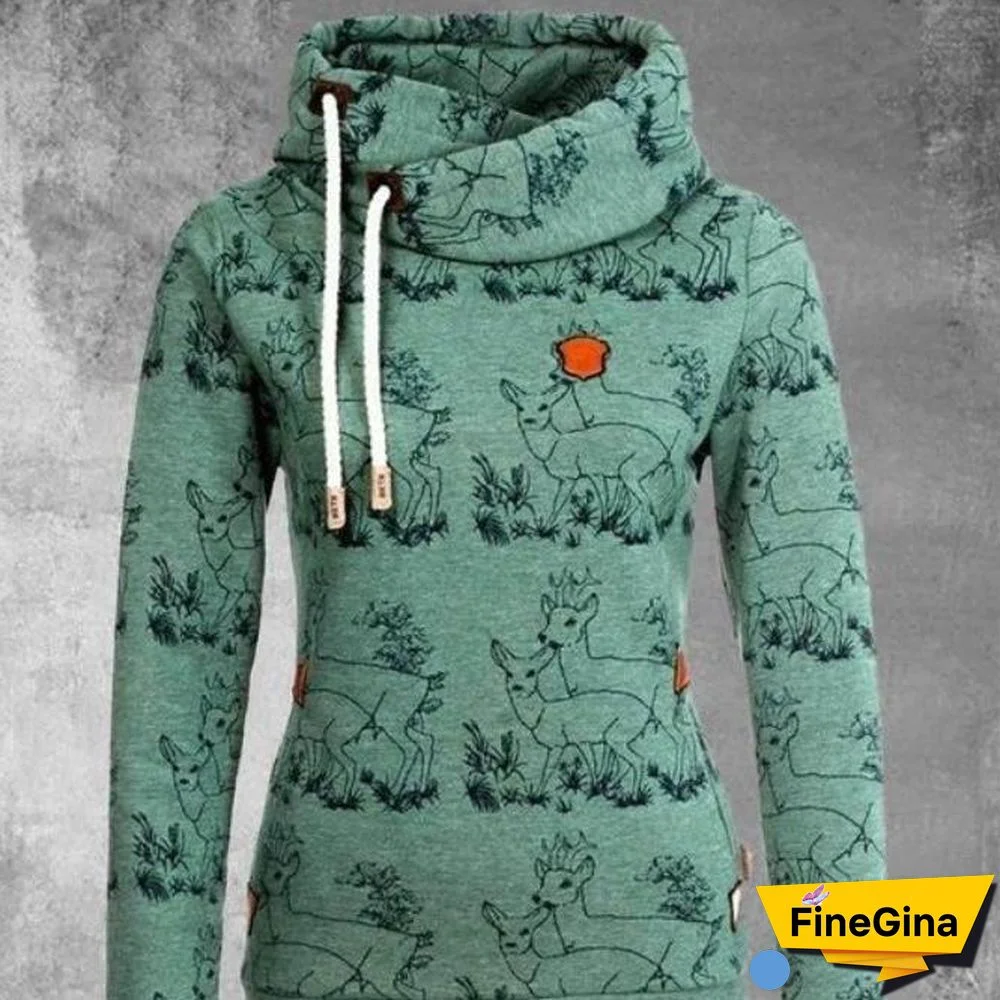 Printed Hoodie Women High Collar Sport Hoodie