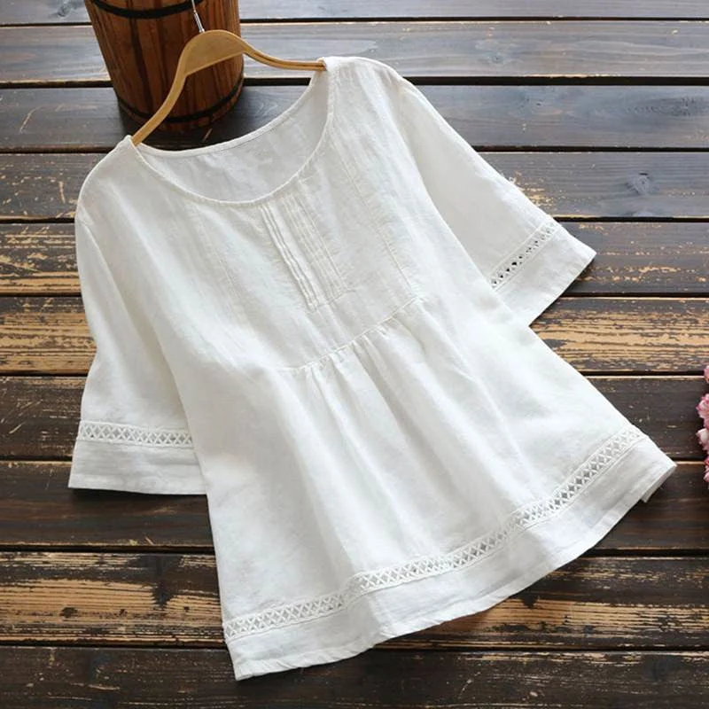 Zingj Summer Solid Color Cotton Linen Half Blouses
