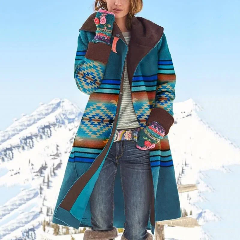 Women Warm Woolen Coat 2020 Winter Vintage Print Hooded Long Coat Casual Turn Down Collar Button Fleece Female Cardigan Outwear