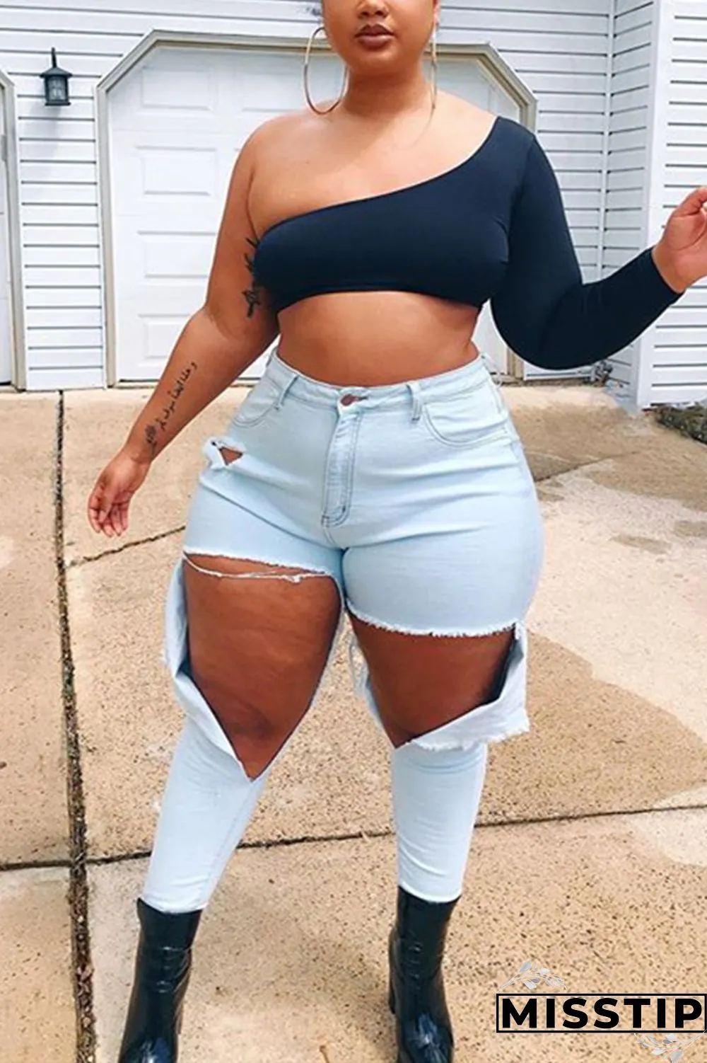 Light Blue Fashion Sexy Solid Plus Size Jeans