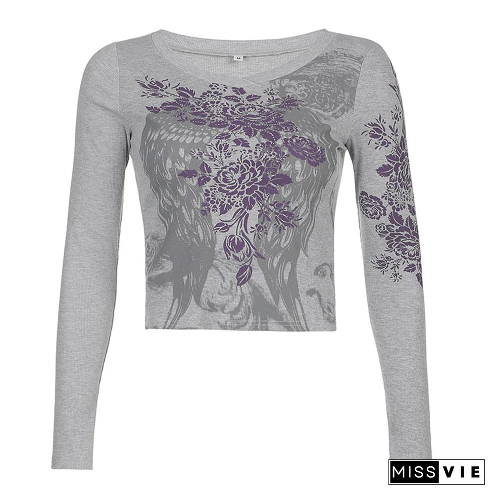 Autumn Spring Women’s Harajuku Vintage Long Sleeve T-shirt Feather Wing Flower Printed Y2K Aesthetic Female Mujer Slim Fit Tops