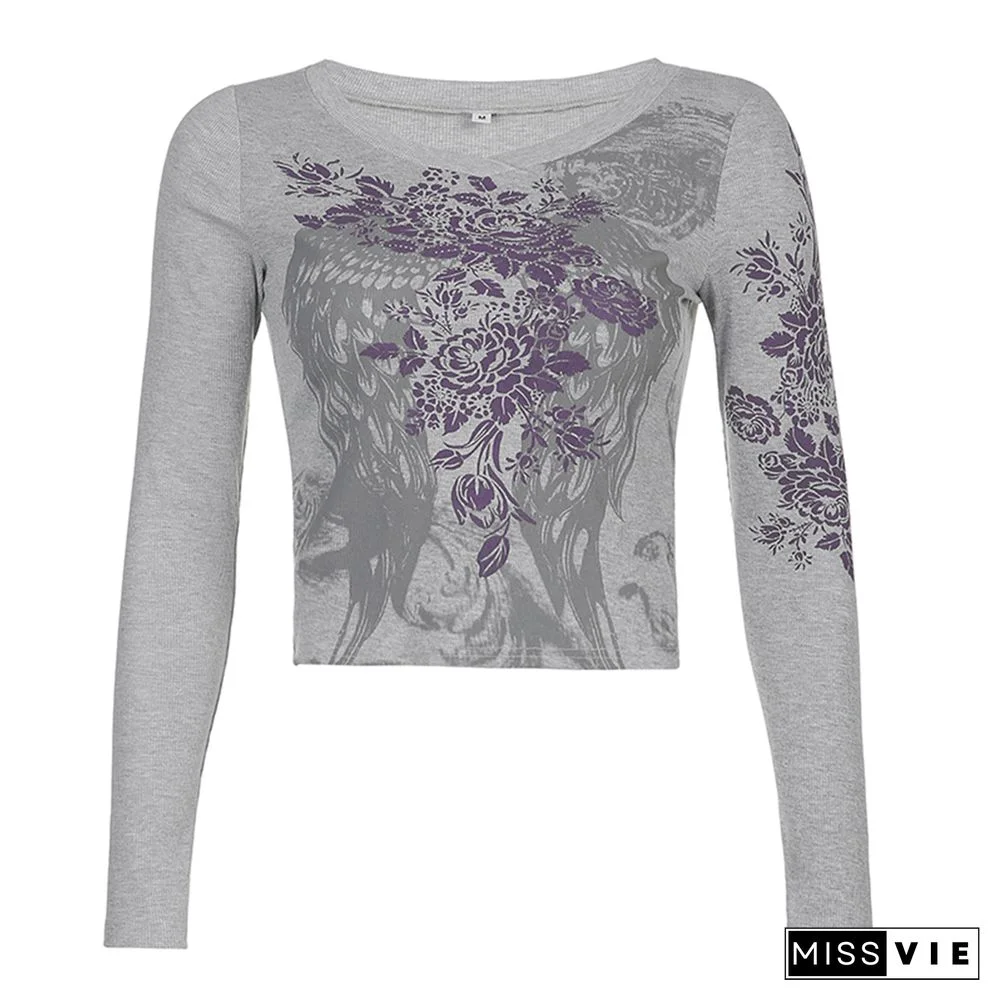 Autumn Spring Women’s Harajuku Vintage Long Sleeve T-shirt Feather Wing Flower Printed Y2K Aesthetic Female Mujer Slim Fit Tops