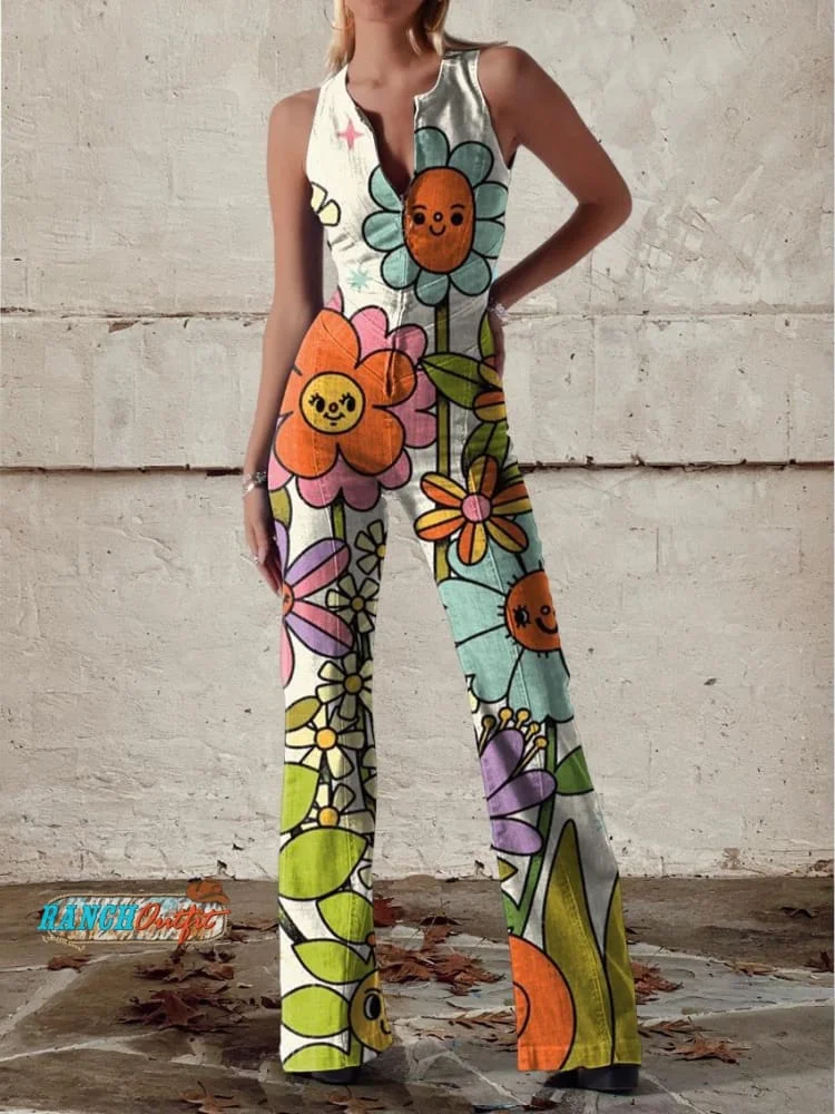 Women's Flower Print Casual Denim Jumpsuit