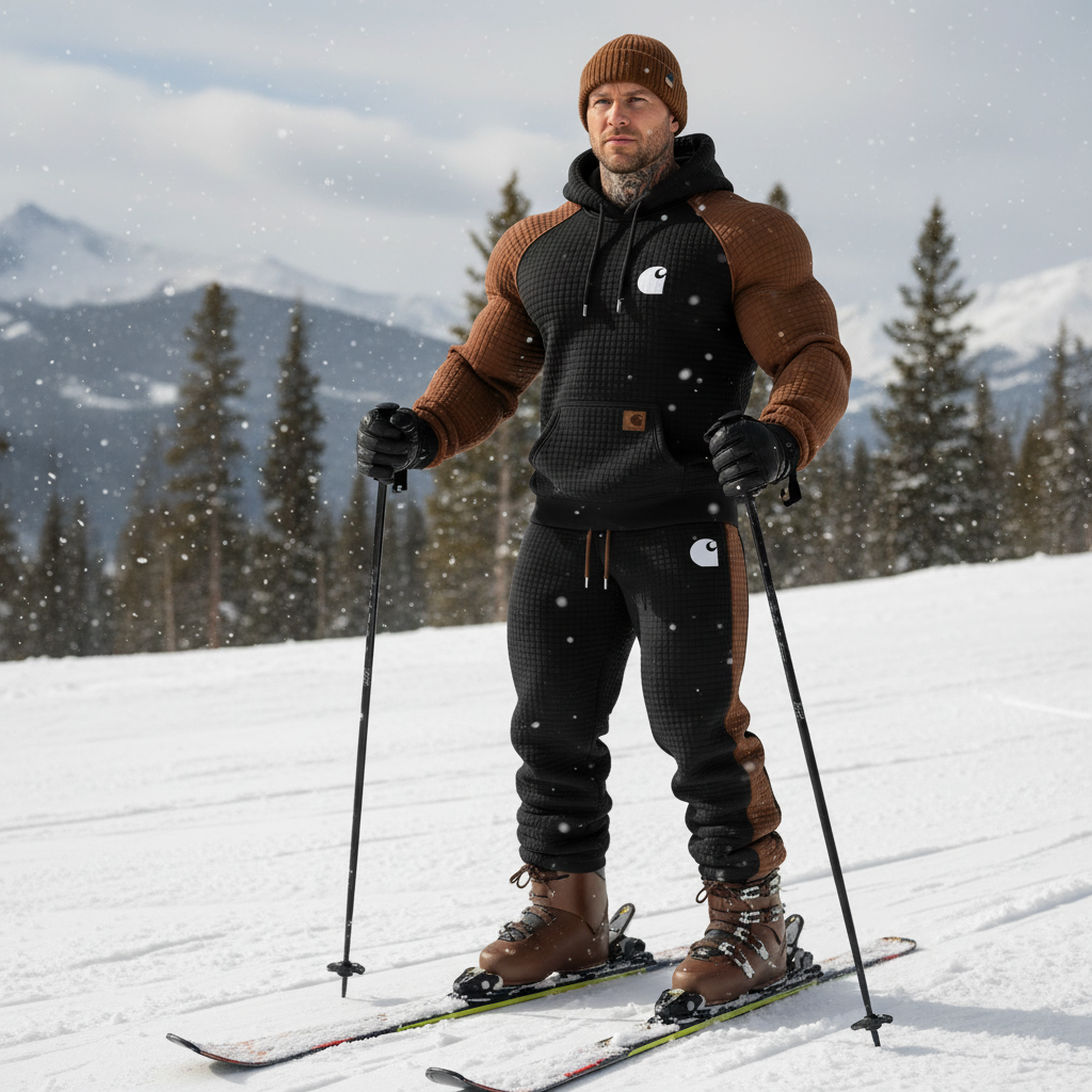 Men's Vintage Black Brown Waffle Quilted Plaid Pocket Hoodie And Sweatpants Jogger Set