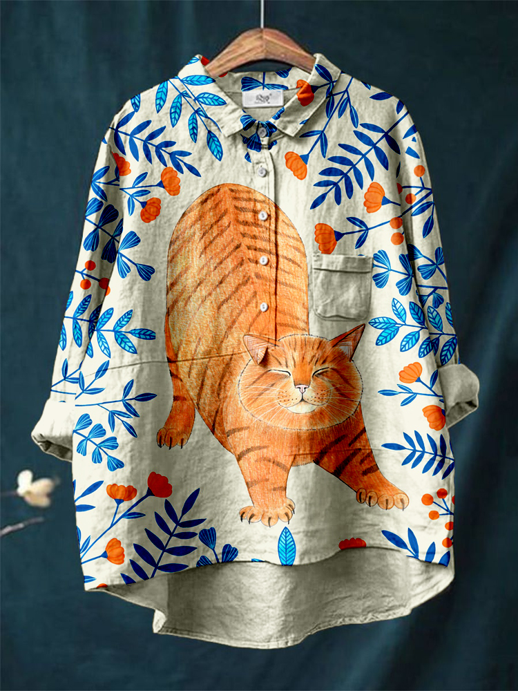 Ginger Cat Botanical Art Linen Blend Cozy Shirt wearshes
