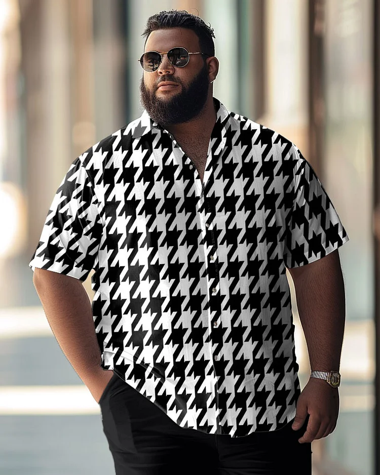 Business Gentleman Classic Houndstooth Pattern Large Size Men's Short Sleeve Shirt