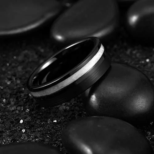 6MM 8MM Women's Or Men's Tungsten Carbide Wedding Rings Triple Tone Black and White Antler Inlay Striped Pattern Comfort Fit