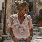 Women's Vintage Resort Embroidered Floral V-neck T-shirt - Image 2