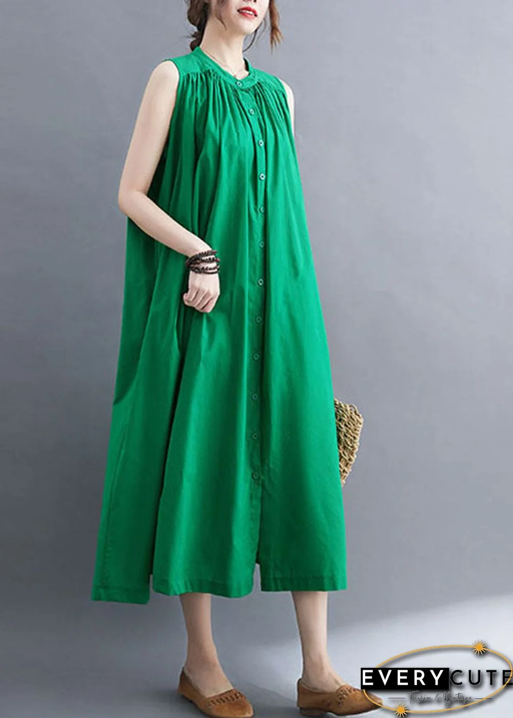 Green Cotton A Line Dress O-Neck Oversized Summer